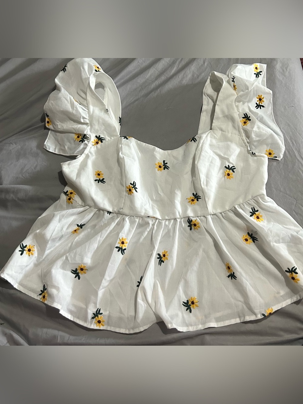 White Floral Peplum Top with Yellow Embroidered Flowers